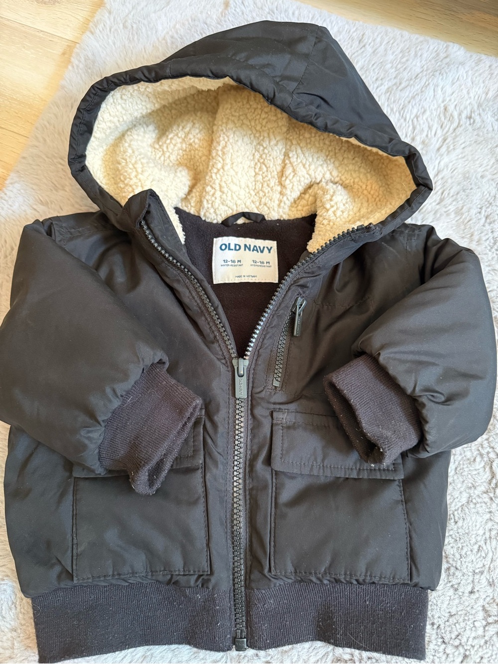 Old Navy Black Puffer Jacket with Cream Sherpa Hood